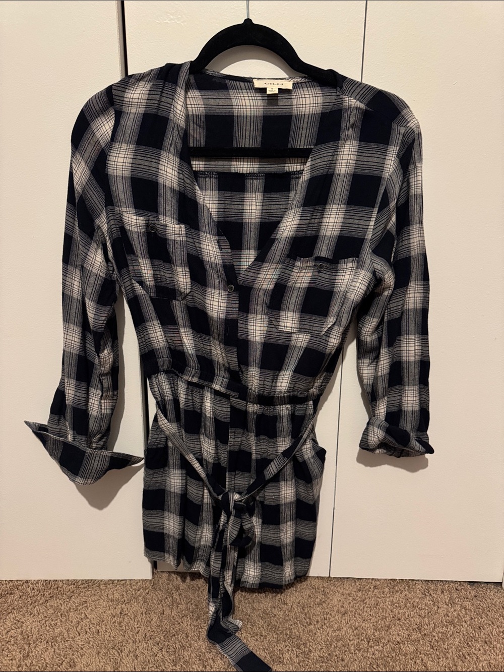 Pink Lily Black and White Plaid Button-Front Romper with Belt